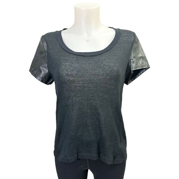 Elizabeth & James Black Lambskin & Cotton Blend Round Neck Tee sz large - Picture 1 of 9